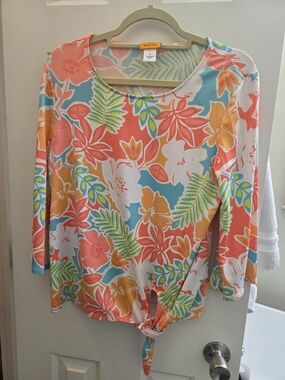 Ruby Rd. Coral Teal Floral Tie-Front Tunic
